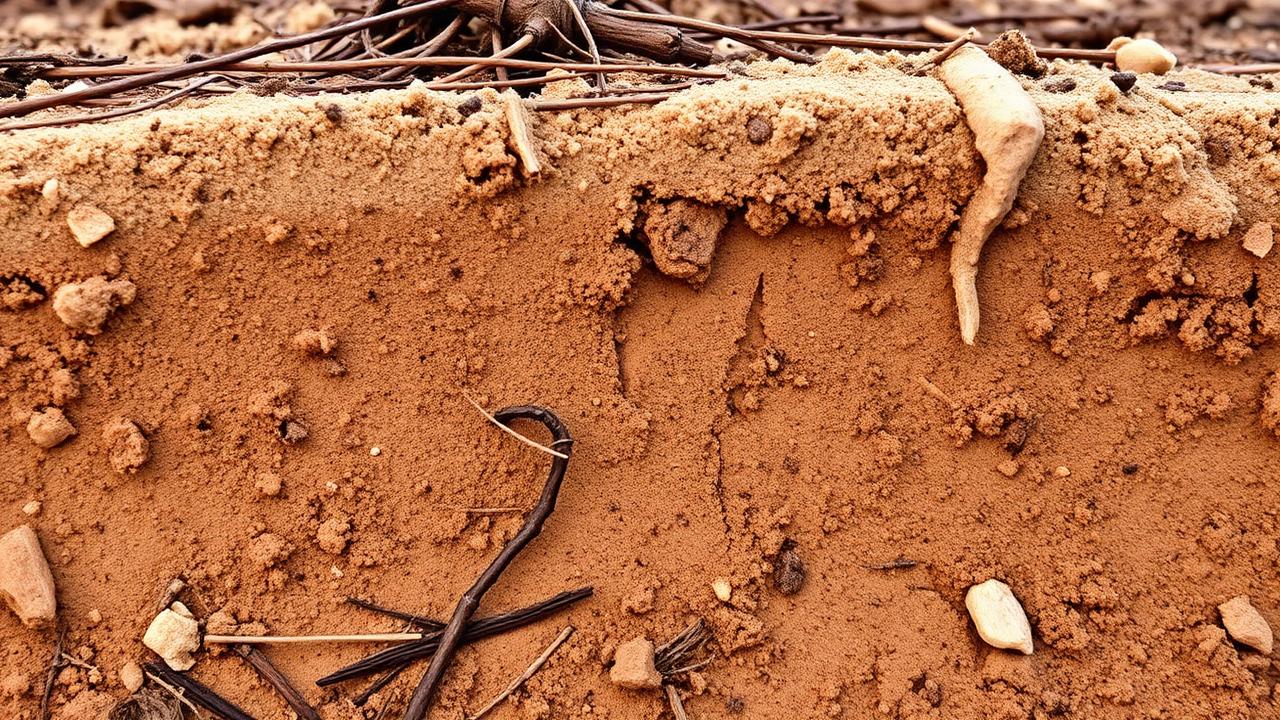 Soil profile showing sandy loam topsoil over a dense clay subsoil in East Texas