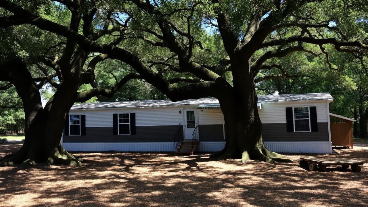 A manufactured home sitting under heavy pine and hardwood canopy in East Texas